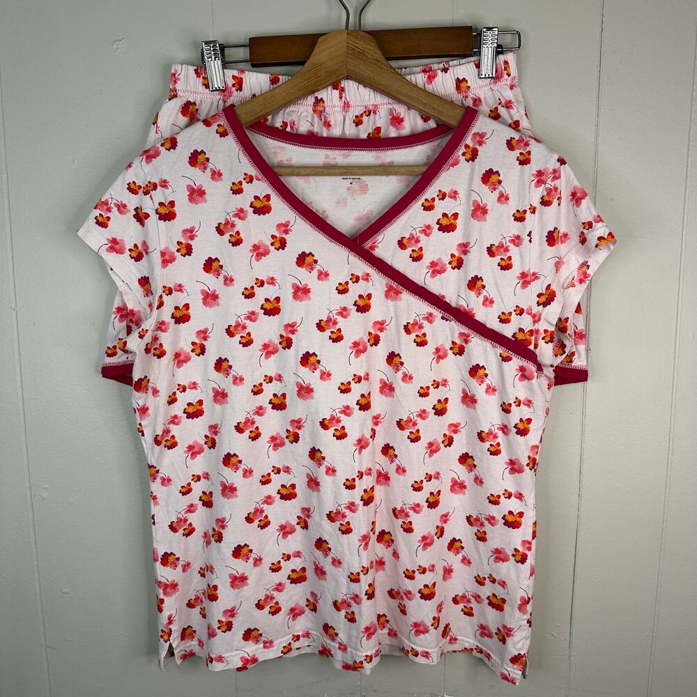 Garnet Hill Womens M Organic Cotton Asian Wrap Pajama Shorts Set Pink Floral